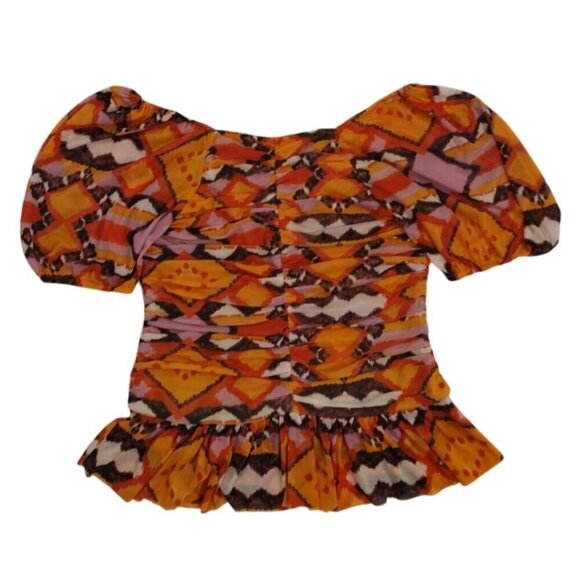 Colorful printed peplum top with puff sleeves, size M, DR2, polyester blend. - Picture 2 of 8
